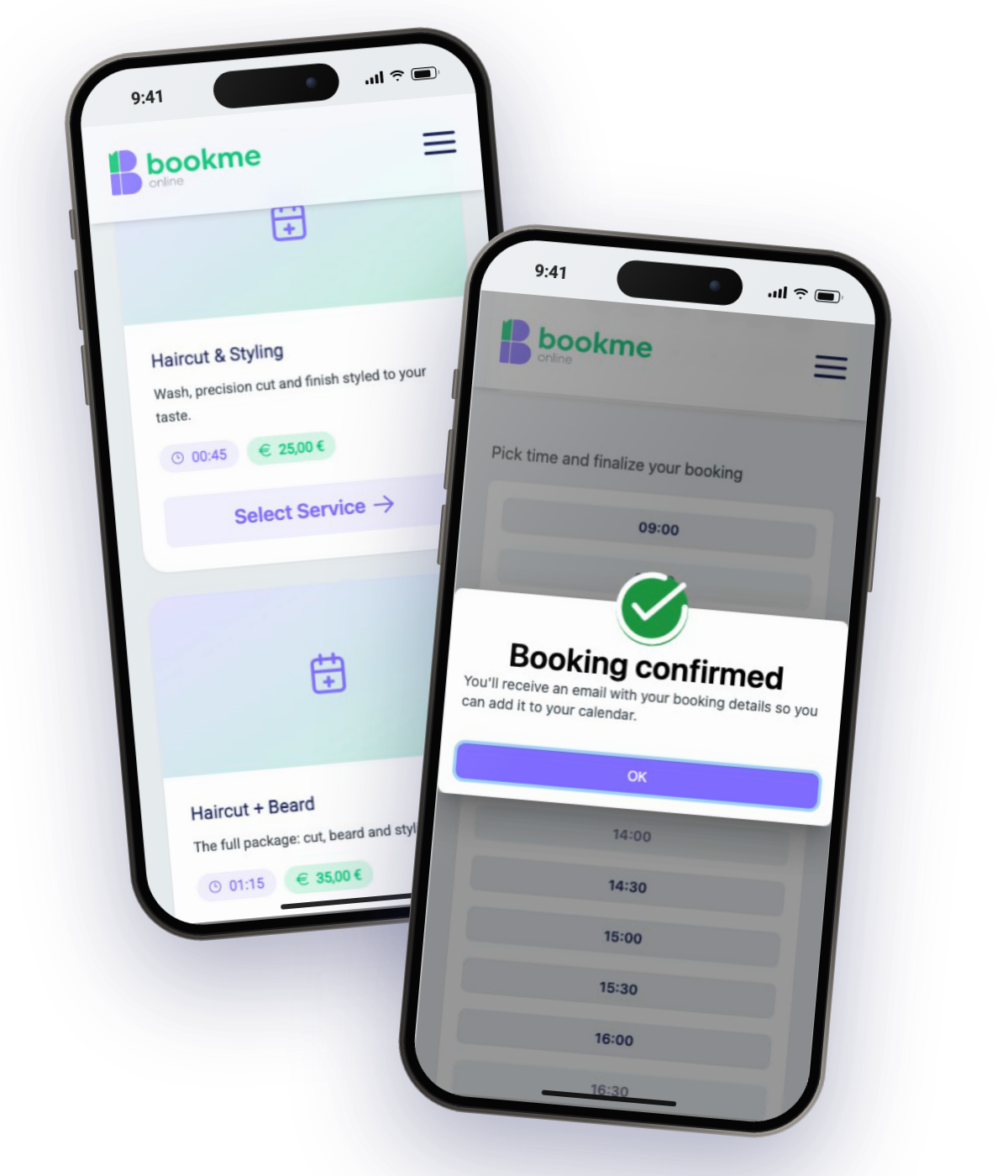 Bookme Online on a phone: the list of services and a confirmed booking