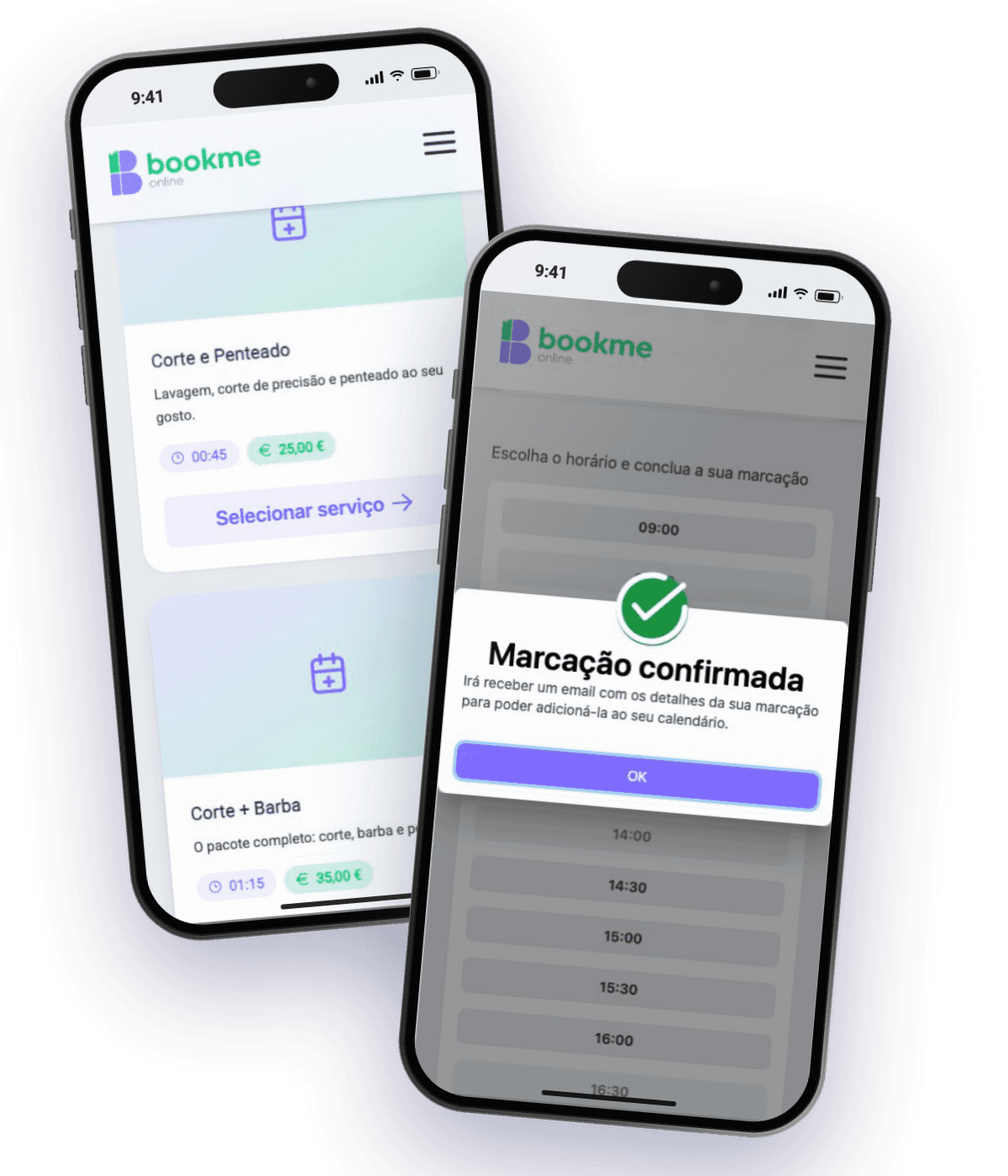 Bookme Online no celular: a lista de serviços e um agendamento confirmado